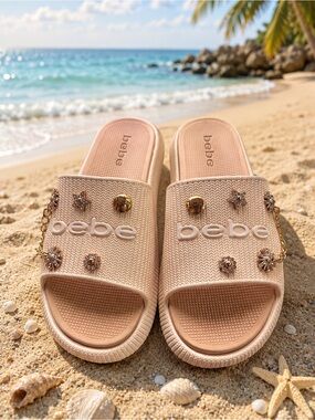 Bebe Blush, Cream and Rose Gold Jeweled Slide Sandals with Chain
